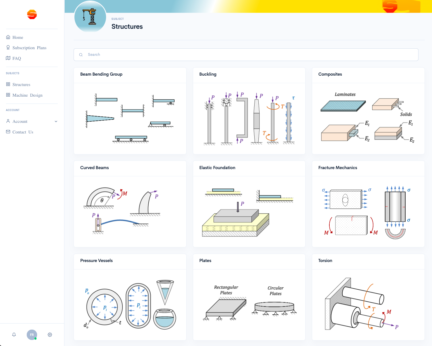 Screen capture of the structures subject calculators with nine subjects that include beam bending, buckling, composites, curved elements, foundations, and more.